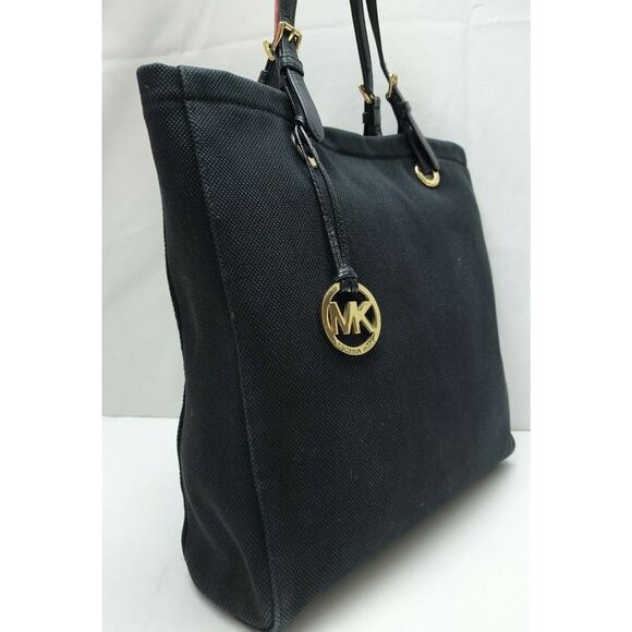 Michael Kors Jet Set Black Canvas Double Handle Tote Shoulder Bag - Picture 2 of 13